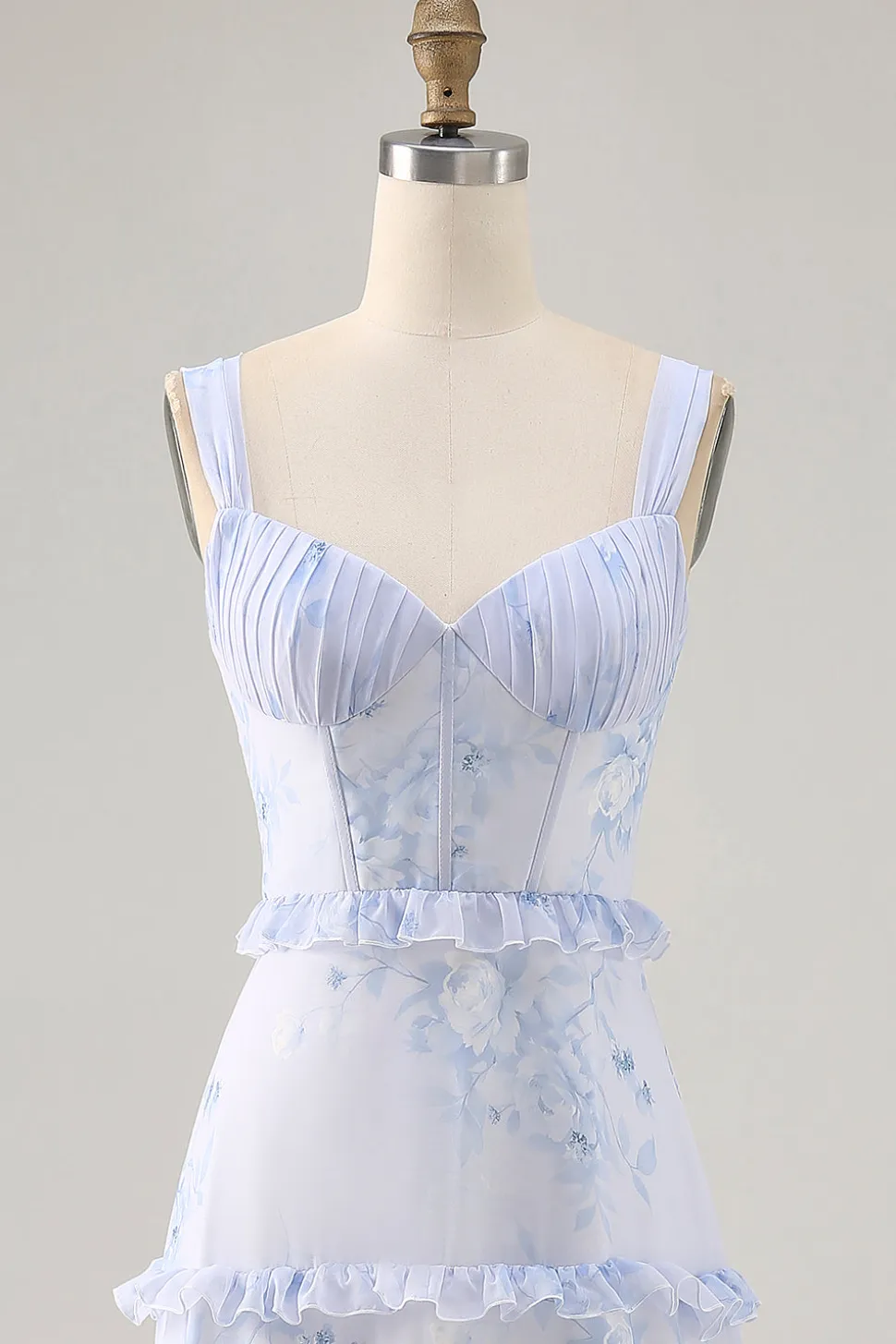 Flor azul babado estampado uma linha longa vestido de casamento convidado
