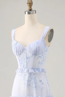 Flor azul babado estampado uma linha longa vestido de casamento convidado