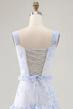 Flor azul babado estampado uma linha longa vestido de casamento convidado