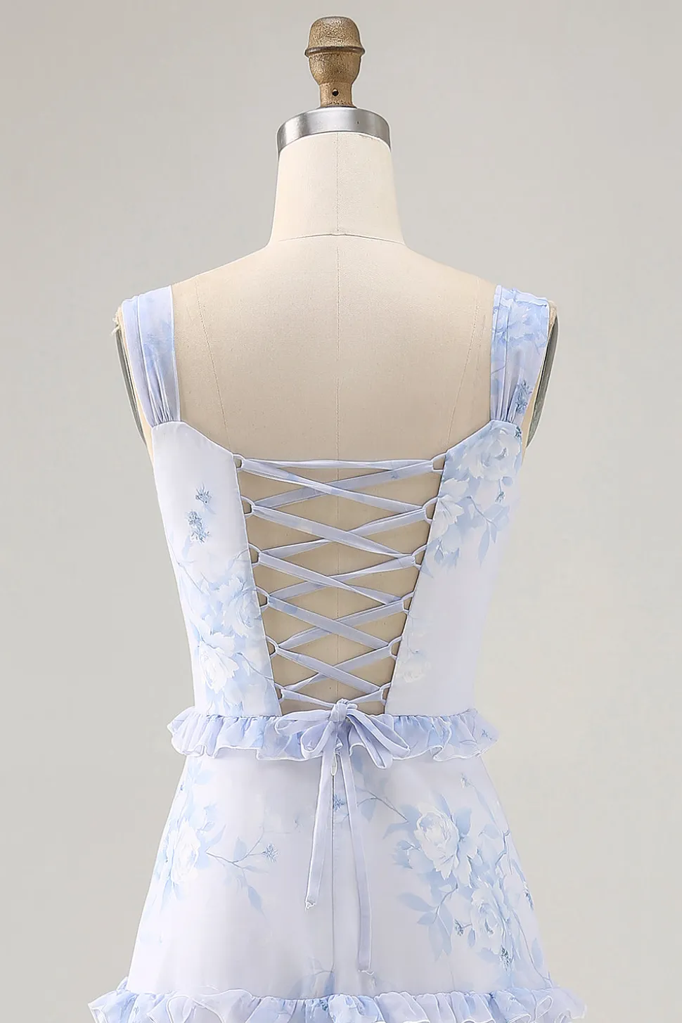Flor azul babado estampado uma linha longa vestido de casamento convidado
