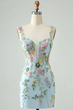 Flor Azul Bodycon Esparguete Correias Bordadas Vestido Curto Homecoming