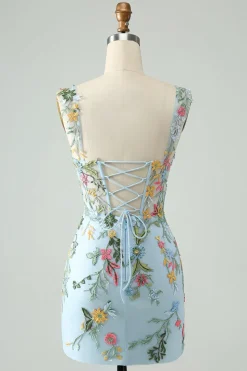 Flor Azul Bodycon Esparguete Correias Bordadas Vestido Curto Homecoming