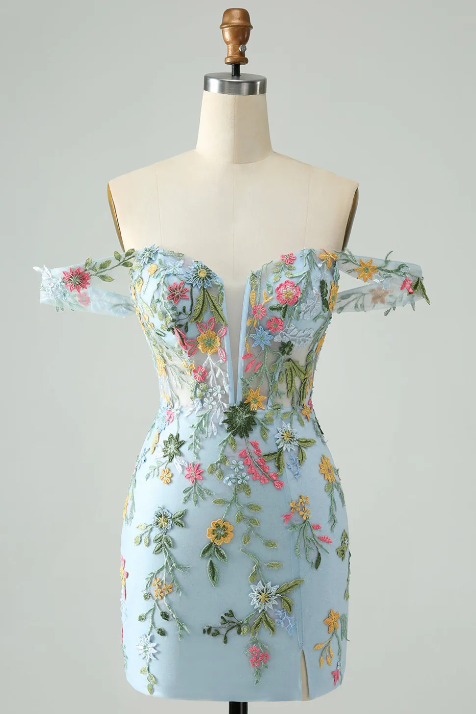 Flor Azul Bodycon Esparguete Correias Bordadas Vestido Curto Homecoming
