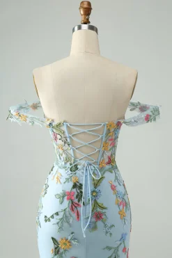 Flor Azul Bodycon Esparguete Correias Bordadas Vestido Curto Homecoming
