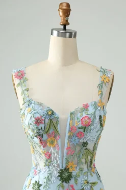 Flor Azul Bodycon Esparguete Correias Bordadas Vestido Curto Homecoming