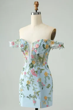 Flor Azul Bodycon Esparguete Correias Bordadas Vestido Curto Homecoming