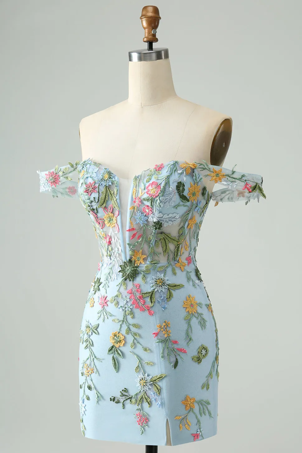 Flor Azul Bodycon Esparguete Correias Bordadas Vestido Curto Homecoming