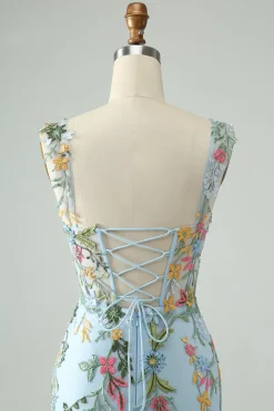 Flor Azul Bodycon Esparguete Correias Bordadas Vestido Curto Homecoming