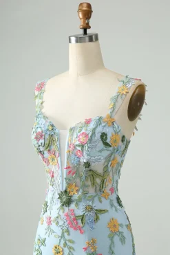 Flor Azul Bodycon Esparguete Correias Bordadas Vestido Curto Homecoming