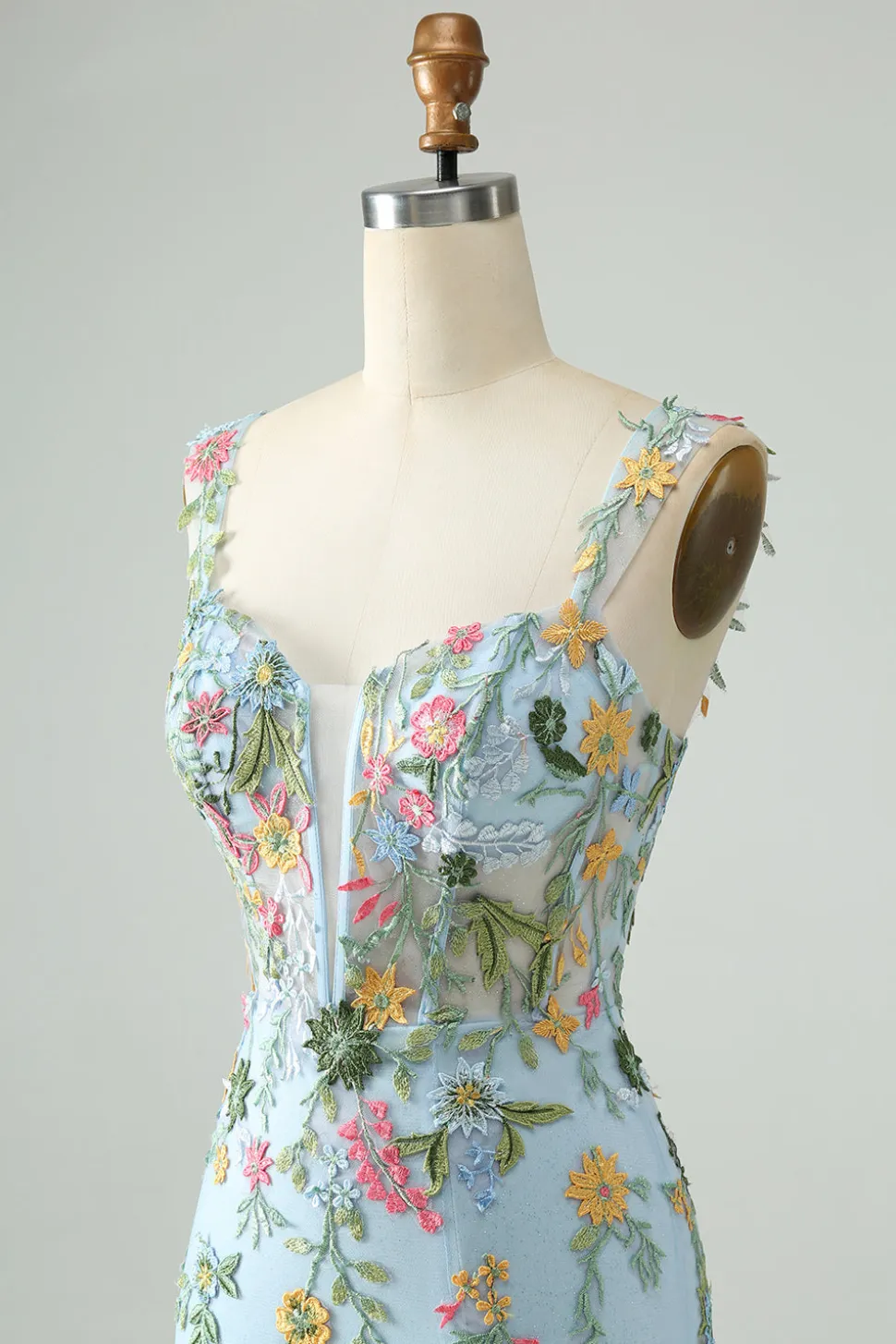 Flor Azul Bodycon Esparguete Correias Bordadas Vestido Curto Homecoming