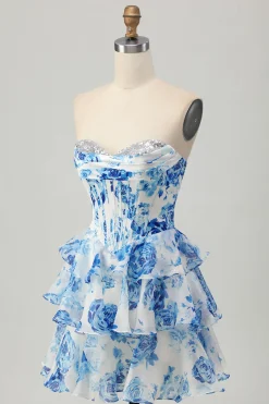 Flor Azul Branca A-line Espartilho sem alças Tiered Vestido Curto Homecoming com Sequins
