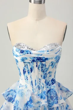 Flor Azul Branca A-line Espartilho sem alças Tiered Vestido Curto Homecoming com Sequins