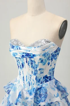 Flor Azul Branca A-line Espartilho sem alças Tiered Vestido Curto Homecoming com Sequins