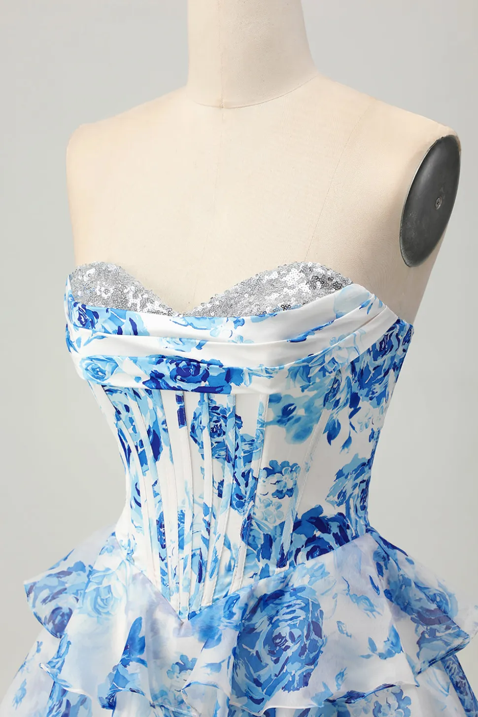 Flor Azul Branca A-line Espartilho sem alças Tiered Vestido Curto Homecoming com Sequins