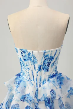 Flor Azul Branca A-line Espartilho sem alças Tiered Vestido Curto Homecoming com Sequins