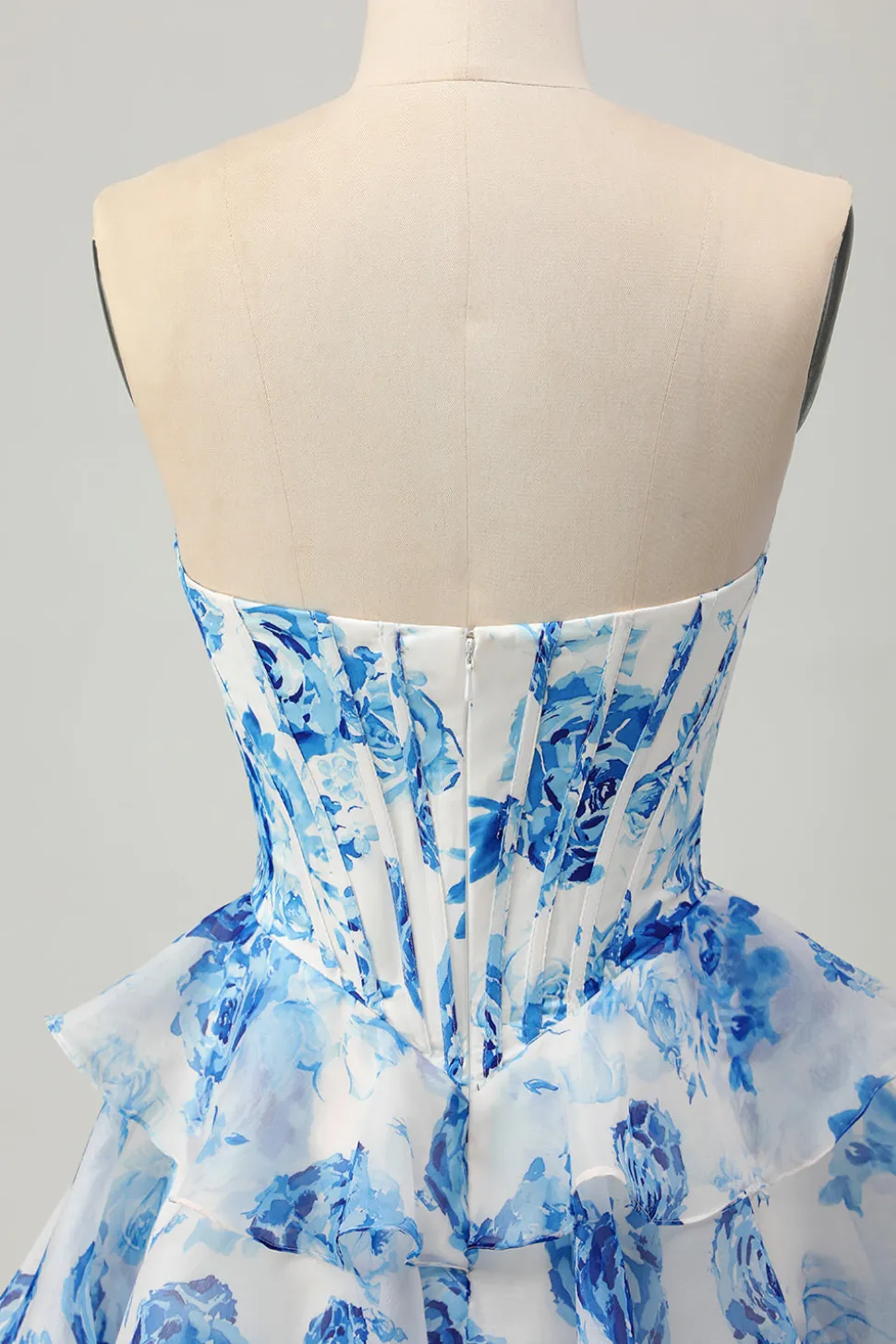 Flor Azul Branca A-line Espartilho sem alças Tiered Vestido Curto Homecoming com Sequins