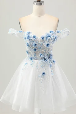 Flor azul branca A-Line fora do espartilho ombro vestido curto Homecoming
