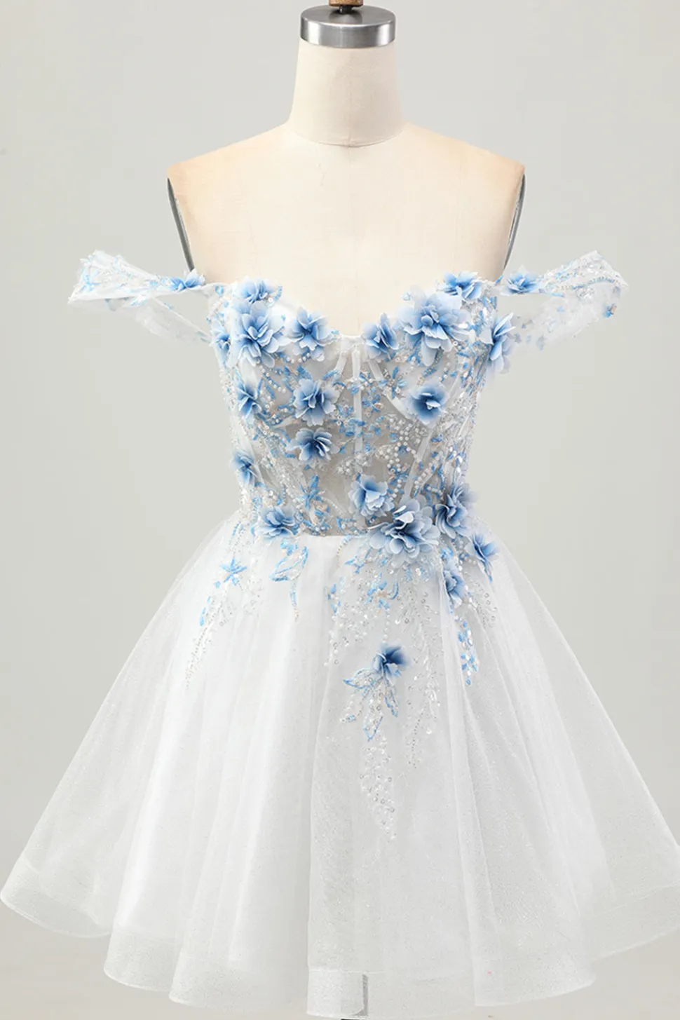 Flor azul branca A-Line fora do espartilho ombro vestido curto Homecoming