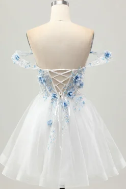 Flor azul branca A-Line fora do espartilho ombro vestido curto Homecoming