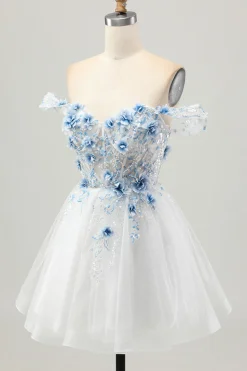 Flor azul branca A-Line fora do espartilho ombro vestido curto Homecoming