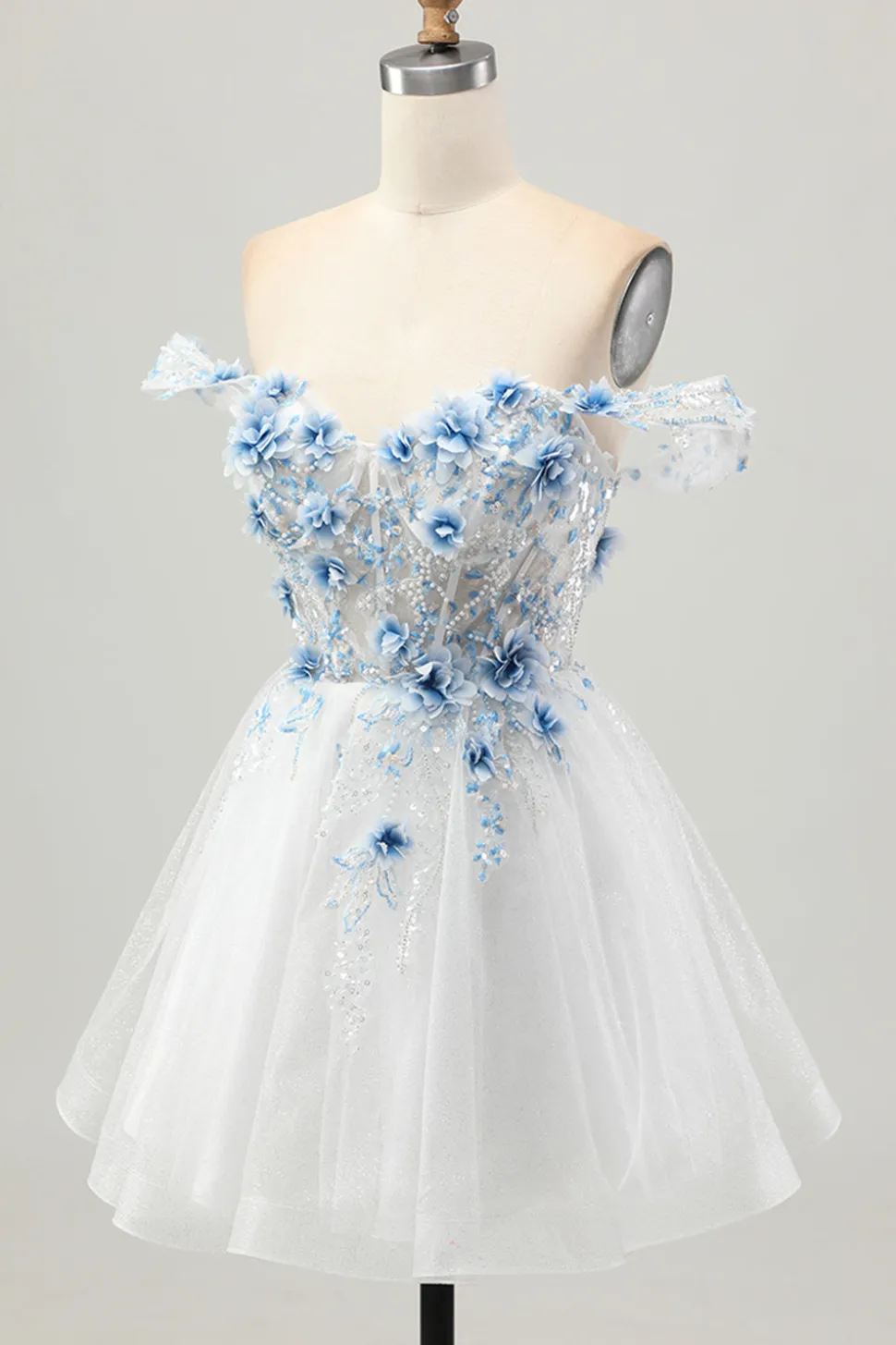 Flor azul branca A-Line fora do espartilho ombro vestido curto Homecoming