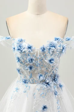 Flor azul branca A-Line fora do espartilho ombro vestido curto Homecoming