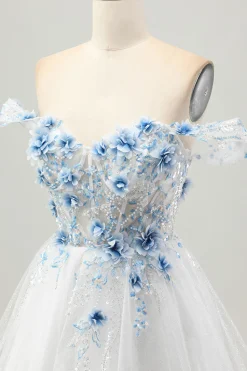 Flor azul branca A-Line fora do espartilho ombro vestido curto Homecoming