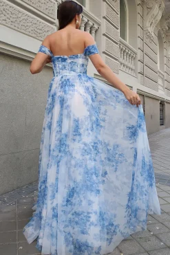 Flor azul branca A-Line fora do ombro vestido de dama de honra com fenda