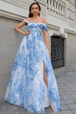 Flor azul branca A-Line fora do ombro vestido de dama de honra com fenda