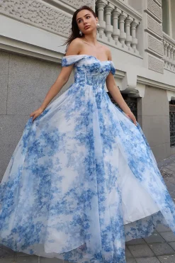 Flor azul branca A-Line fora do ombro vestido de dama de honra com fenda