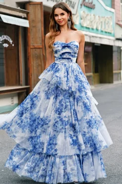 Flor Azul Branca A-Line Strapless Tiered Long Prom Dress com laços