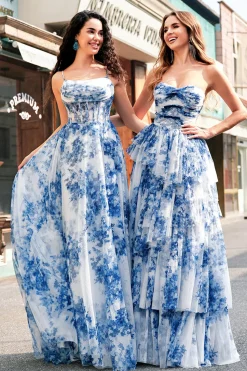 Flor Azul Branca A-Line Strapless Tiered Long Prom Dress com laços