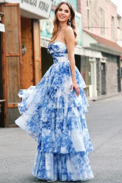 Flor Azul Branca A-Line Strapless Tiered Long Prom Dress com laços