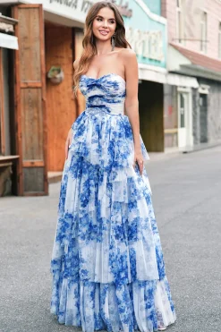 Flor Azul Branca A-Line Strapless Tiered Long Prom Dress com laços