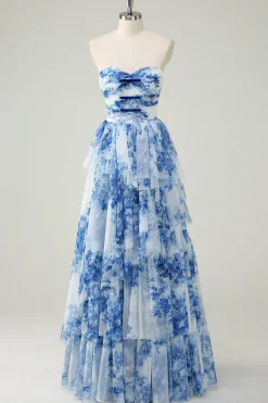 Flor Azul Branca A-Line Strapless Tiered Long Prom Dress com laços