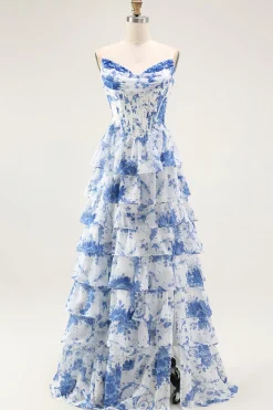 Flor Azul Branca A-Line Tiered Corset Long Prom Dress com Fenda