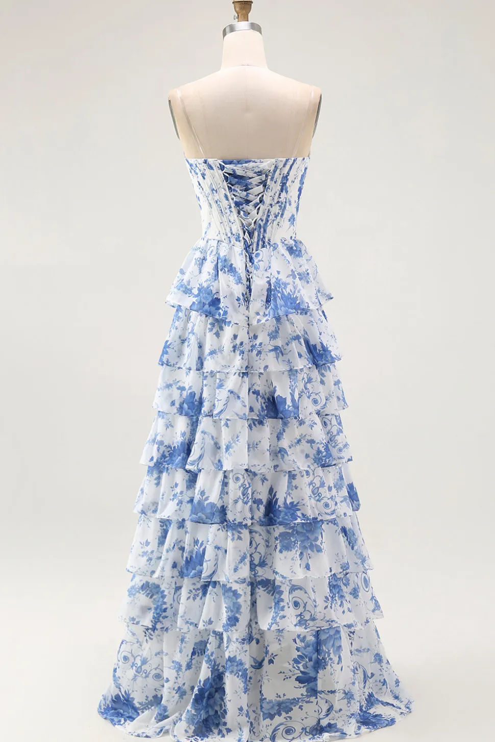 Flor Azul Branca A-Line Tiered Corset Long Prom Dress com Fenda