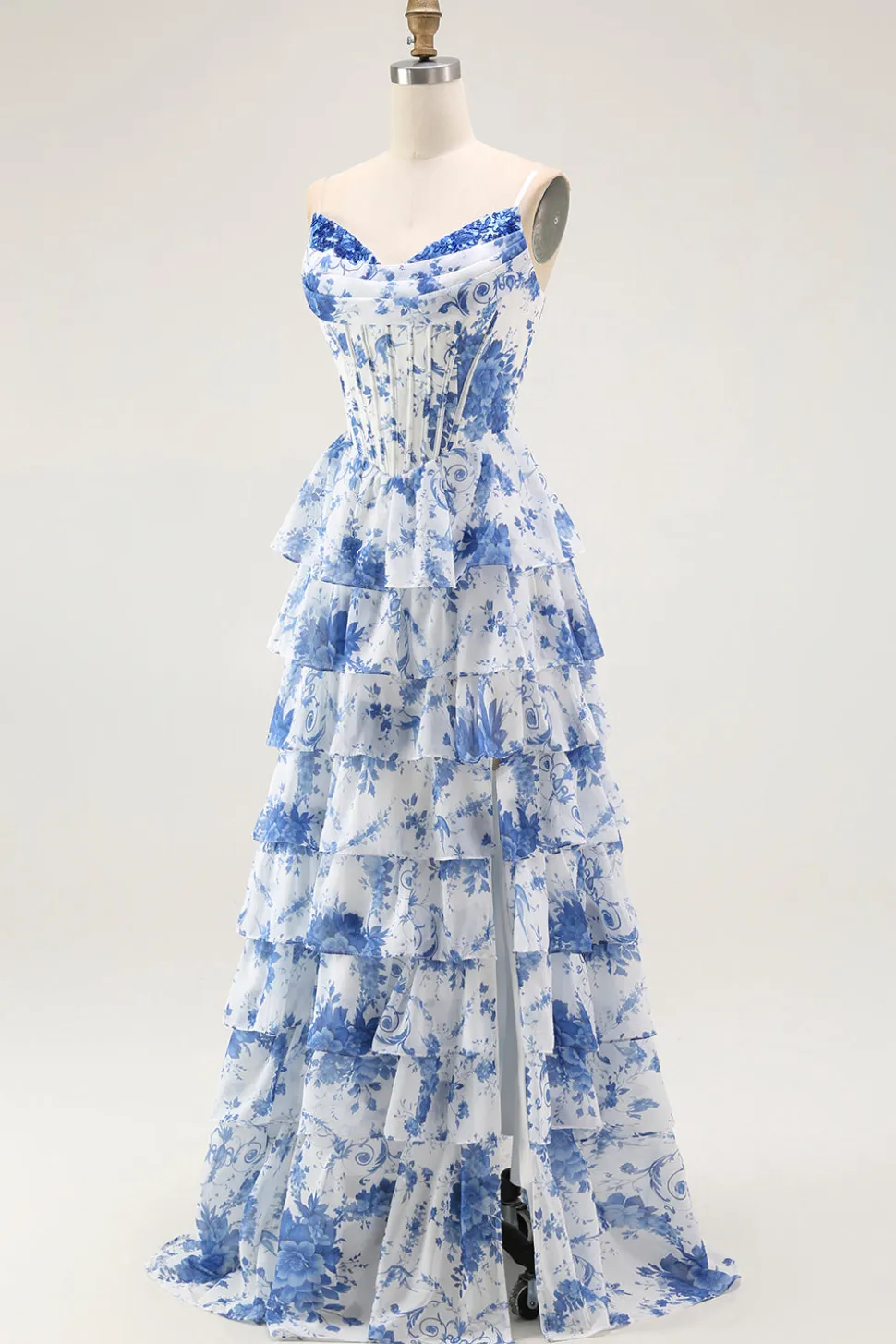 Flor Azul Branca A-Line Tiered Corset Long Prom Dress com Fenda