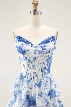 Flor Azul Branca A-Line Tiered Corset Long Prom Dress com Fenda