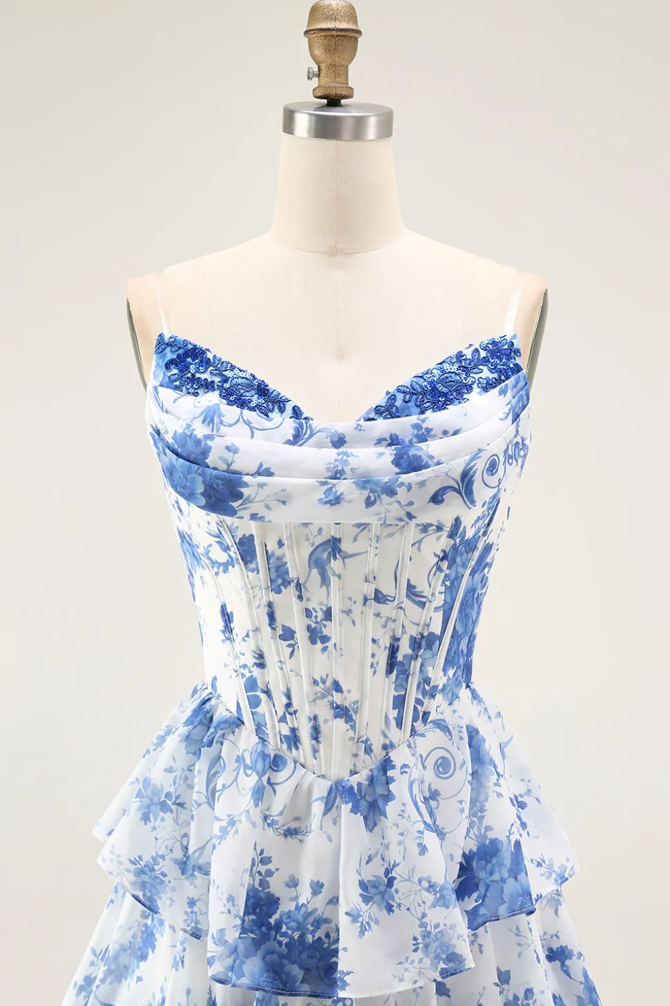 Flor Azul Branca A-Line Tiered Corset Long Prom Dress com Fenda