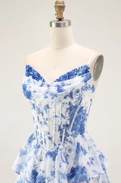 Flor Azul Branca A-Line Tiered Corset Long Prom Dress com Fenda
