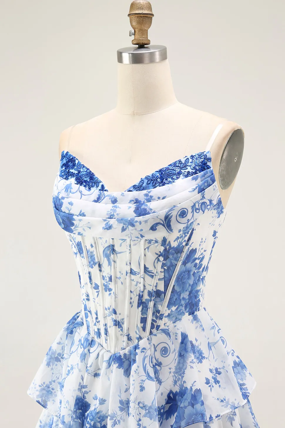 Flor Azul Branca A-Line Tiered Corset Long Prom Dress com Fenda