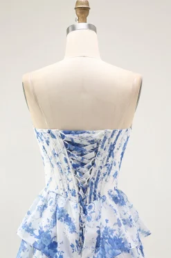 Flor Azul Branca A-Line Tiered Corset Long Prom Dress com Fenda