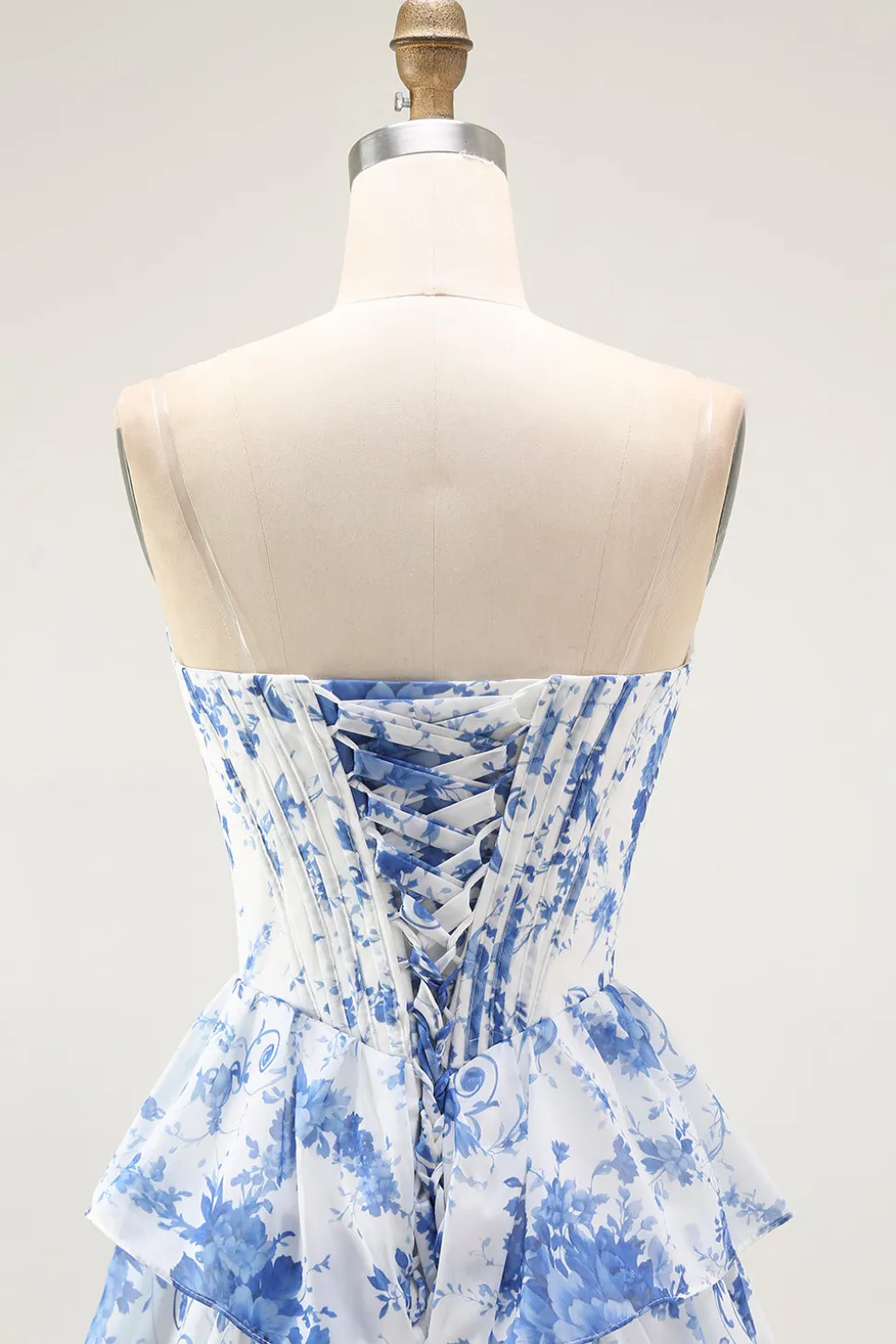 Flor Azul Branca A-Line Tiered Corset Long Prom Dress com Fenda