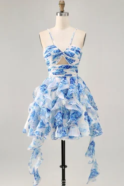 Flor azul branca em camadas Uma linha cortada Halter Vestido Homecoming impresso