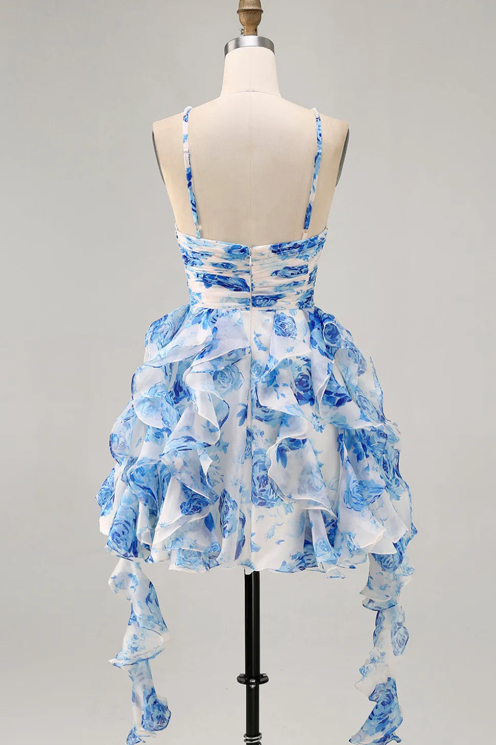 Flor azul branca em camadas Uma linha cortada Halter Vestido Homecoming impresso