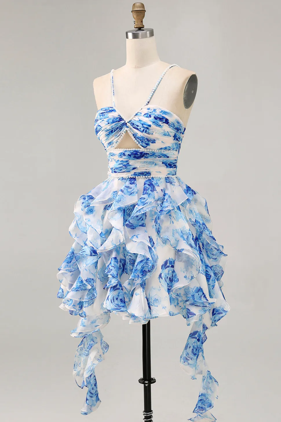 Flor azul branca em camadas Uma linha cortada Halter Vestido Homecoming impresso