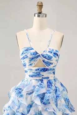 Flor azul branca em camadas Uma linha cortada Halter Vestido Homecoming impresso