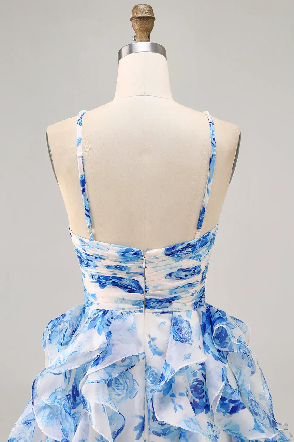 Flor azul branca em camadas Uma linha cortada Halter Vestido Homecoming impresso