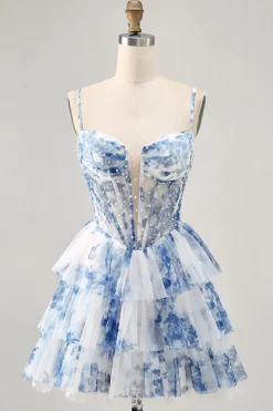 Flor azul branca em camadas frisada uma linha impressa Homecoming Dress